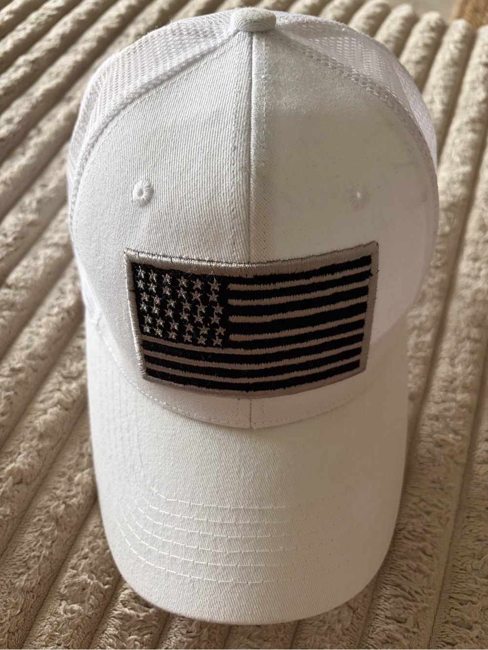 Men's White Baseball Cap with Black & White American Flag Patch
